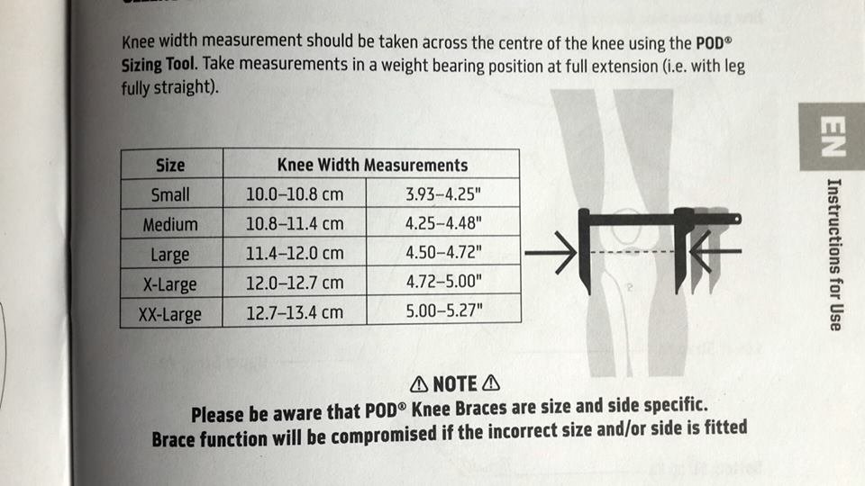 Pod Knee Brace Size Chart